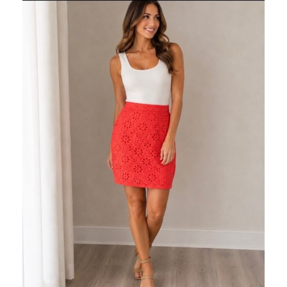J.Crew The Pencil Skirt Coral Pink Eyelet Lace Cotton Knee Length Size 8